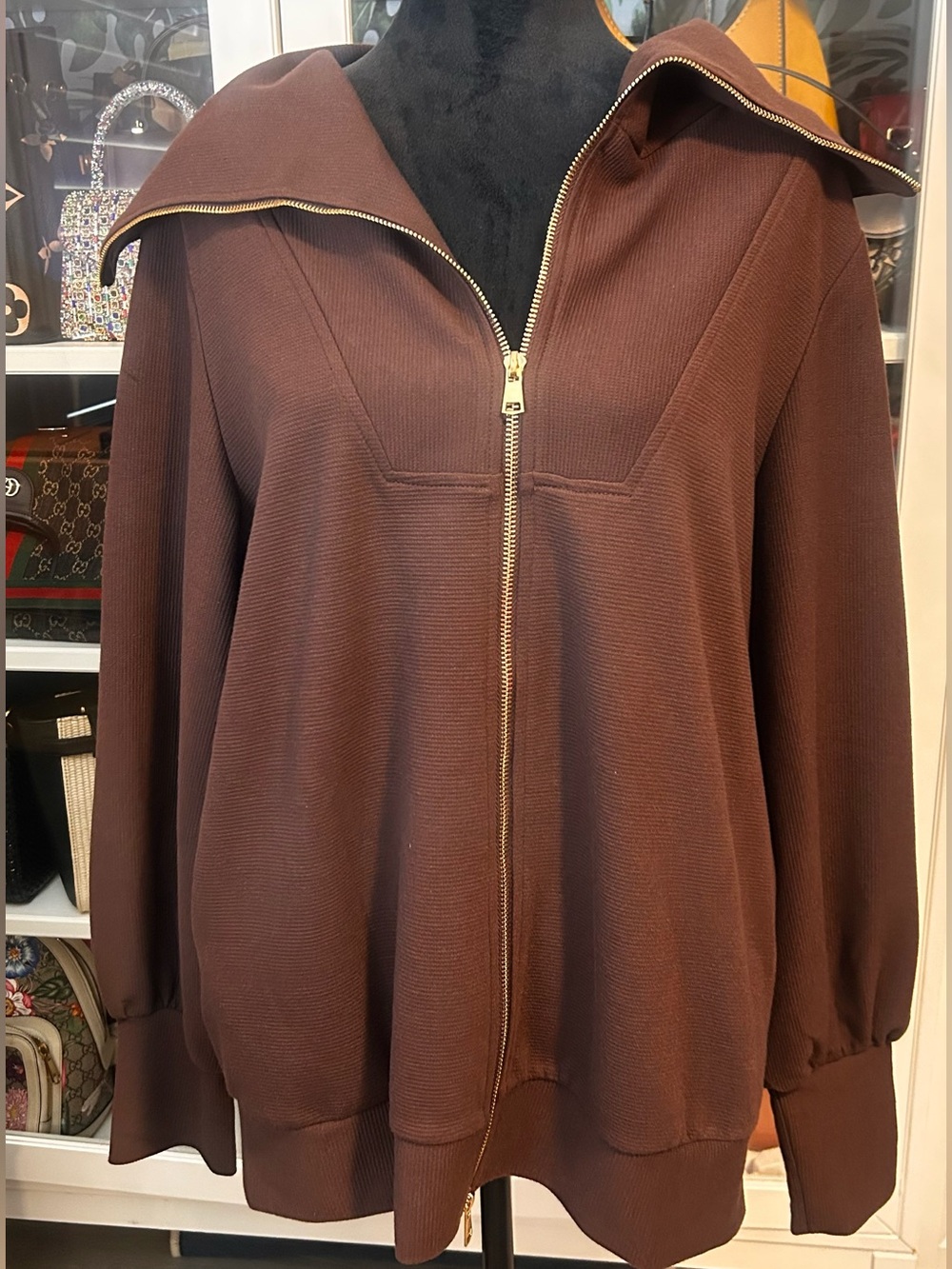 Women's Brown Zip-Front Hoodie with Gold Zipper